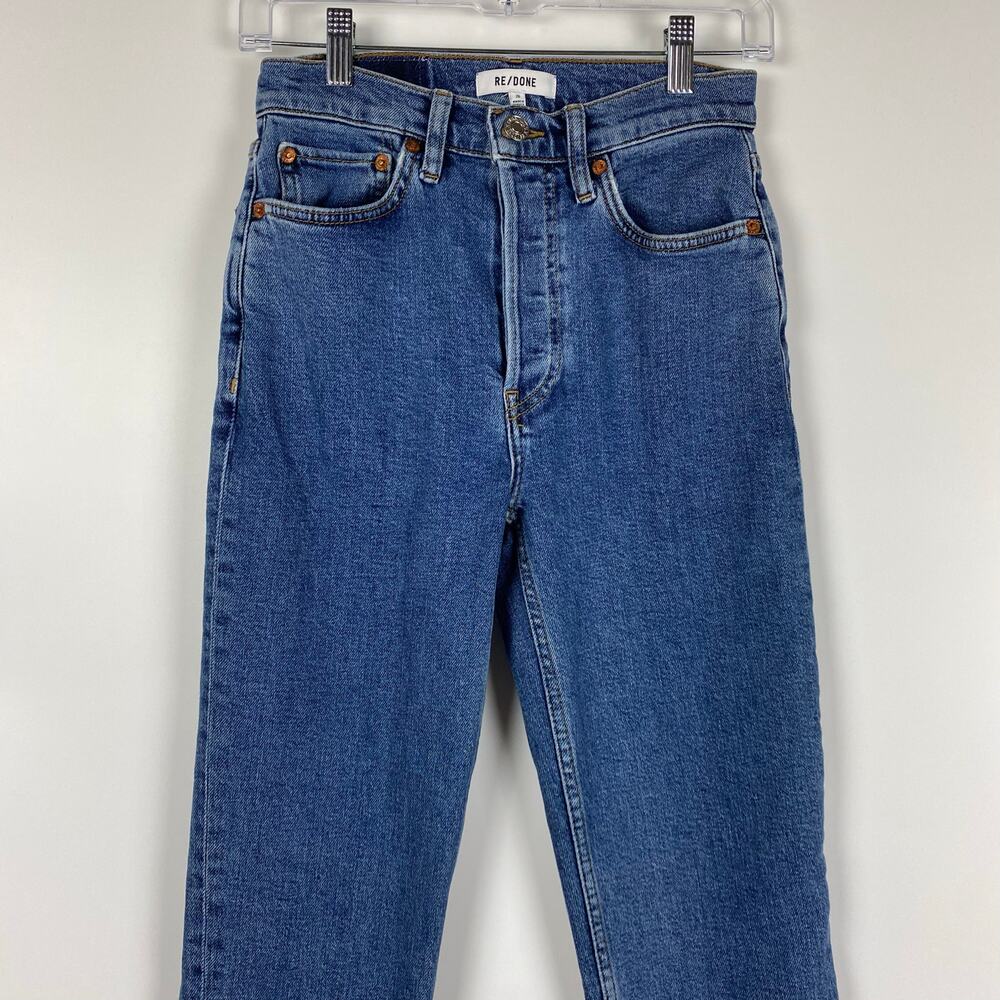 Re/Done High-Rise Ankle Crop Jeans Raw Hem Button Fly Medium Wash Womens Sz 26 - Picture 4 of 11